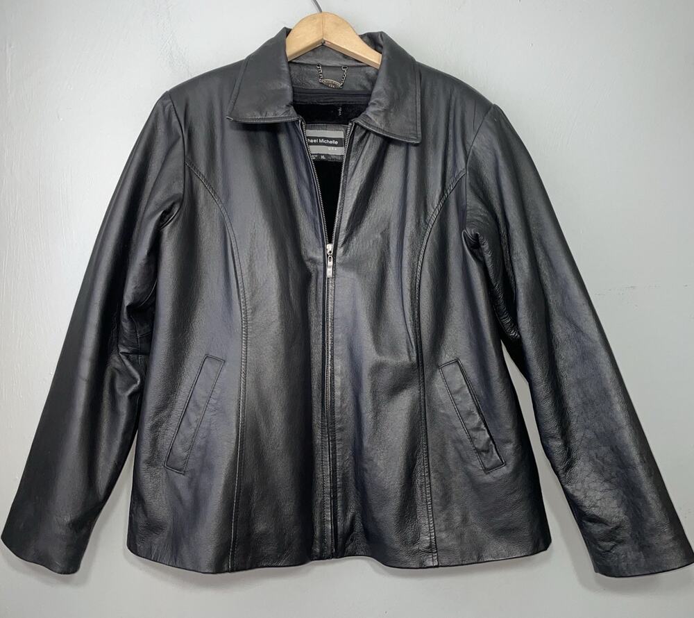 Michael Michelle Genuine Leather Jacket Women Size XL Black Coat Removable Liner
